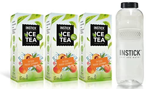 INSTICK Ice Tea | Zuckerfreies Instant-Getränk - 3 Eistee Pfirsich + Tritan Trinkflasche 1 L - 3x12 Sticks - 1 Stick für 1,5-2,5 L | Getränkepulver - vegan, kalorienarm, mit Vitamin C, aromatisiert von INSTICK just add water
