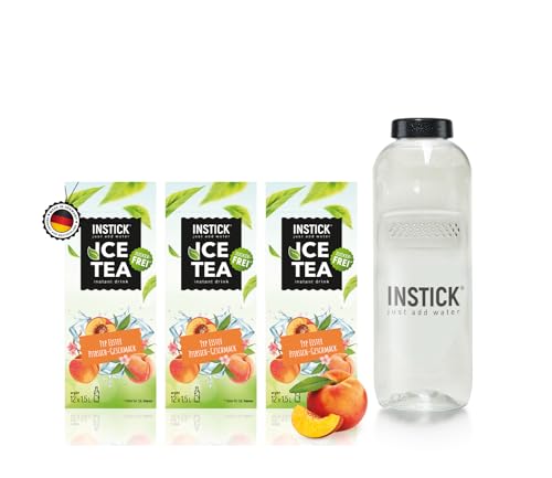 INSTICK Ice Tea | Zuckerfreies Instant-Getränk - 3 Eistee Pfirsich + Tritan Trinkflasche 1 L - 3x12 Sticks - 1 Stick für 1,5-2,5 L | Getränkepulver - vegan, kalorienarm, mit Vitamin C, aromatisiert von INSTICK just add water