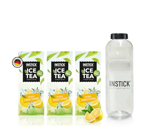 INSTICK Ice Tea | Zuckerfreies Instant-Getränk - 3 Eistee Zitrone + Tritan Trinkflasche 1 L - 3x12 Sticks - 1 Stick für 1,5-2,5 L | Getränkepulver - vegan, kalorienarm, mit Vitamin C, aromatisiert von INSTICK just add water