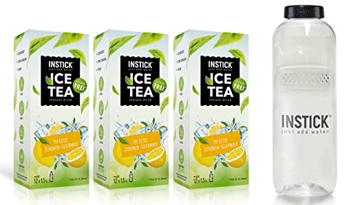 INSTICK Ice Tea | Zuckerfreies Instant-Getränk - 3 Eistee Zitrone + Tritan Trinkflasche 1 L - 3x12 Sticks - 1 Stick für 1,5-2,5 L | Getränkepulver - vegan, kalorienarm, mit Vitamin C, aromatisiert von INSTICK just add water