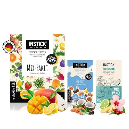 INSTICK Zuckerfreies Instant-Getränk (alle Sorten Sparpaket) - Veganes Getränkepulver Kalorienarm & Vitamin C - Instant-Pulver - 2x12 Sticks & 1x46 Sticks - 1 Stick für 0,5-1 L / 1,5-2,5 L von INSTICK just add water