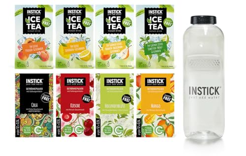 INSTICK | Zuckerfreies Instant-Getränk | Bundle S Eistee & Klassik + Tritan Trinkflasche 1 L | 8x12 Sticks - 1 Stick für 0,5-1L | Getränkepulver - vegan, kalorienarm, mit Vitamin C, aromatisiert von INSTICK just add water