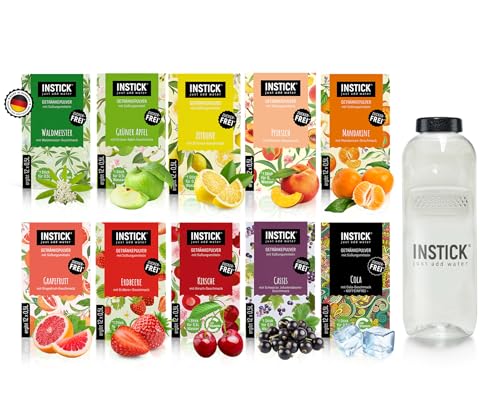 INSTICK | Zuckerfreies Instant-Getränk | Bundle S Klassik + Tritan Trinkflasche 1 L | 10x12 Sticks - 1 Stick für 0,5-1 L | Getränkepulver - vegan, kalorienarm, mit Vitamin C, aromatisiert von INSTICK just add water