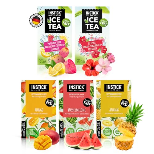 INSTICK | Zuckerfreies Instant-Getränk | Bundle 4 - verschiedene Eistee & Klassik Sorten | 5x12 Sticks - 1 Stick für 0,5-1 L | Getränkepulver - vegan, kalorienarm, mit Vitamin C, aromatisiert von INSTICK just add water