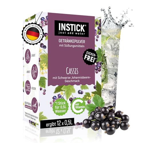 INSTICK | Zuckerfreies Instant-Getränk - Cassis | 1 Packung für 12 x 0,5-1 L | vegan, kalorienarm, mit Vitamin C, aromatisiert, Instant Getränkepulver, Geschmack für Wasser von INSTICK just add water