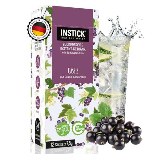 INSTICK Zuckerfreies Instant-Getränk (Cassis) - 1 Packung für 12 x 1,5-2,5 L - Veganes Getränkepulver Kalorienarm & Vitamin C - Instant-Pulver von INSTICK just add water