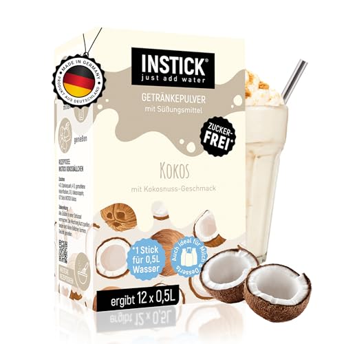 INSTICK | Zuckerfreies Instant-Getränk - Kokos | 12-er Packung für 12 x 0,5 L | vegan, kalorienarm, mit Vitamin C, aromatisiert, Instant Getränkepulver, Geschmack für Milch oder Wasser von INSTICK just add water