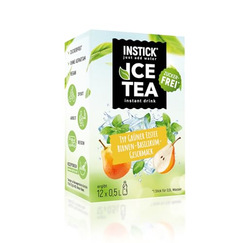 INSTICK Ice Tea | Zuckerfreies Instant-Getränk - Eistee Birne & Basilikum | Grüner Tee | 12-er Packung für 12 x 0,5 L | Getränkepulver - vegan, kalorienarm, mit Vitamin C, aromatisiert von INSTICK just add water