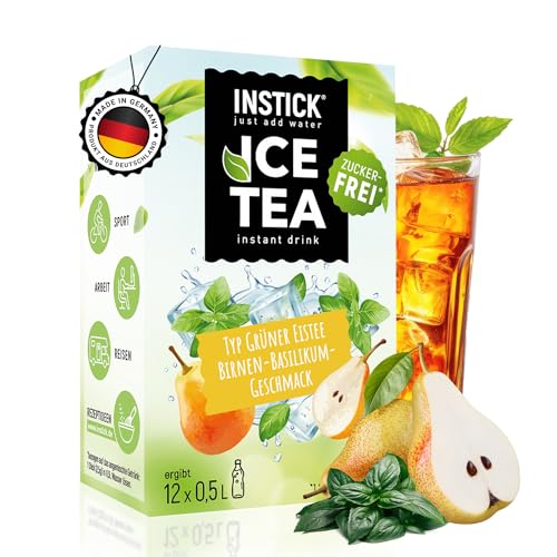 INSTICK Zuckerfreies Instant-Getränk (Grüner Eistee Birne & Basilikum) - 1 Packung für 12 x 0,5-1 L- Veganes Getränkepulver Kalorienarm & Vitamin C - Instant-Pulver von INSTICK just add water