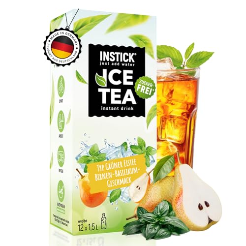 INSTICK Zuckerfreies Instant-Getränk (Eistee Birne & Basilikum) - 1 Packung für 12 x 1,5-2,5 L- Veganes Getränkepulver Kalorienarm & Vitamin C - Instant-Pulver von INSTICK just add water
