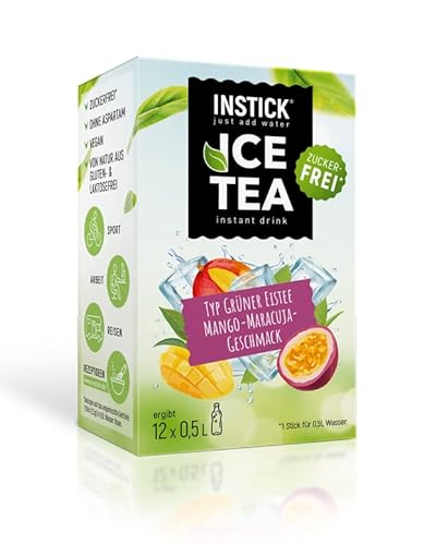 INSTICK Ice Tea | Zuckerfreies Instant-Getränk - Grüner Eistee Mango & Maracuja | Grüner Tee | 12-er Packung für 12 x 0,5 L | Getränkepulver - vegan, kalorienarm, mit Vitamin C, aromatisiert von INSTICK just add water