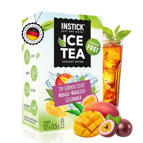 INSTICK Zuckerfreies Instant-Getränk (Grüner Eistee Mango & Maracuja) - 1 Packung für 12 x 0,5-1 L- Veganes Getränkepulver Kalorienarm & Vitamin C - Instant-Pulver von INSTICK just add water