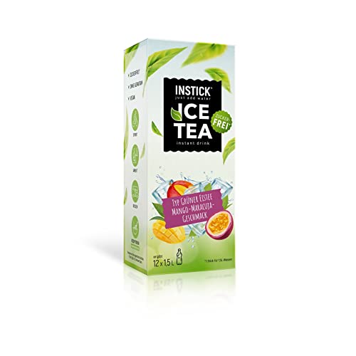 INSTICK Ice Tea | Zuckerfreies Instant-Getränk - Eistee Mango & Maracuja | Grüner Tee | 12-er Packung für 12 x 1,5 L | Getränkepulver - vegan, kalorienarm, mit Vitamin C, aromatisiert von INSTICK just add water