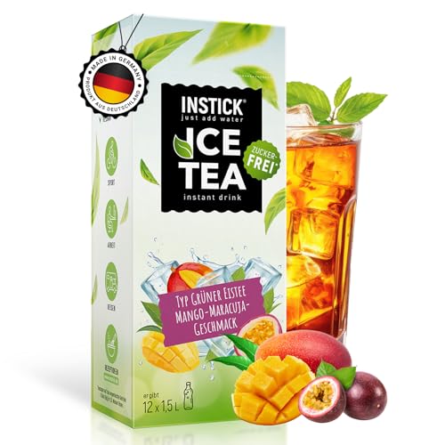 INSTICK Zuckerfreies Instant-Getränk (Eistee Mango & Maracuja) - 1 Packung für 12 x 1,5-2,5 L- Veganes Getränkepulver Kalorienarm & Vitamin C - Instant-Pulver von INSTICK just add water