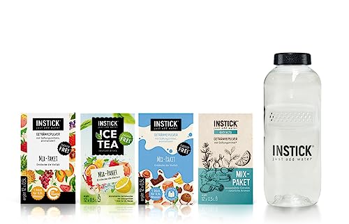 INSTICK | Zuckerfreies Instant-Getränk | Bundle mit 4 Mix-Paketen + Trinkflasche 0,5 L - 4x12 Sticks - 1 Stick für 0,5-1 L | Getränkepulver - vegan, kalorienarm, mit Vitamin C, aromatisiert von INSTICK just add water