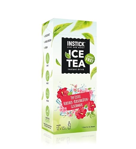 INSTICK Ice Tea | Zuckerfreies Instant-Getränk - Eistee Hibiskus & Kirschblüte | Schwarzer Tee | 12-er Packung für 12 x 1,5 L | Getränkepulver - vegan, kalorienarm, mit Vitamin C, aromatisiert von INSTICK just add water