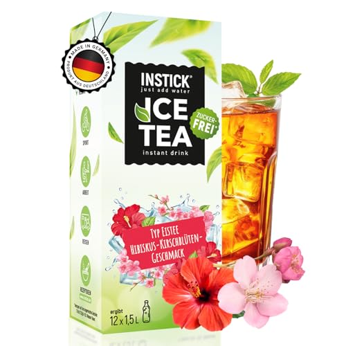 INSTICK Ice Tea | Zuckerfreies Instant-Getränk - Eistee Hibiskus & Kirschblüte | Schwarzer Tee | 1 Packung für 12 x 1,5-2,5 L | Getränkepulver - vegan, kalorienarm, mit Vitamin C, aromatisiert von INSTICK just add water