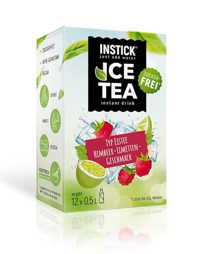 INSTICK Ice Tea | Zuckerfreies Instant-Getränk - Eistee Himbeere & Limette | Schwarzer Tee | 12-er Packung für 12 x 0,5 L| Getränkepulver - vegan, kalorienarm, mit Vitamin C, aromatisiert von INSTICK just add water