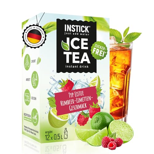INSTICK Zuckerfreies Instant-Getränk (Eistee Himbeere & Limette) - 1 Packung für 12 x 0,5-1 L- Veganes Getränkepulver Kalorienarm & Vitamin C - Instant-Pulver von INSTICK just add water