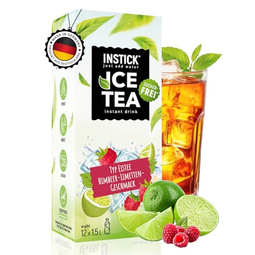 INSTICK Ice Tea | Zuckerfreies Instant-Getränk - Eistee Himbeere & Limette | Schwarzer Tee | 1 Packung für 12 x 1,5-2,5 L | Getränkepulver - vegan, kalorienarm, mit Vitamin C, aromatisiert von INSTICK just add water