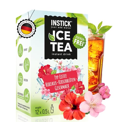 INSTICK Zuckerfreies Instant-Getränk (Eistee Hibiskus & Kirschblüte) - 1 Packung für 12 x 0,5-1 L- Veganes Getränkepulver Kalorienarm & Vitamin C - Instant-Pulver von INSTICK just add water