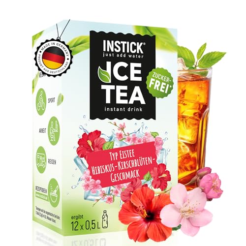 INSTICK Ice Tea | Zuckerfreies Instant-Getränk - Eistee Hibiskus & Kirschblüte | Schwarzer Tee | 1 Packung für 12 x 0,5-1 L | Getränkepulver - vegan, kalorienarm, mit Vitamin C, aromatisiert von INSTICK just add water