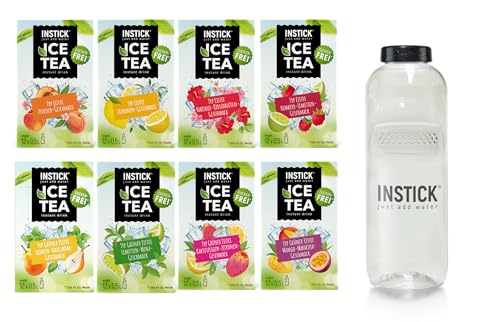 INSTICK Ice Tea | Zuckerfreies Instant-Getränk - Eistee Bundle S - 8x12-er Packung für 96x0,5L | + BPA-freie Trinkflasche Tritan 0,5L | Getränkepulver - vegan, kalorienarm, mit Vitamin C, aromatisiert von INSTICK just add water