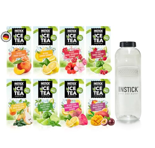 INSTICK Ice Tea | Zuckerfreies Instant-Getränk | Bundle S Eistee + Tritan Trinkflasche 1 L | 8x12 Sticks- 1 Stick für 0,5-1 L | Getränkepulver - vegan, kalorienarm, mit Vitamin C, aromatisiert von INSTICK just add water