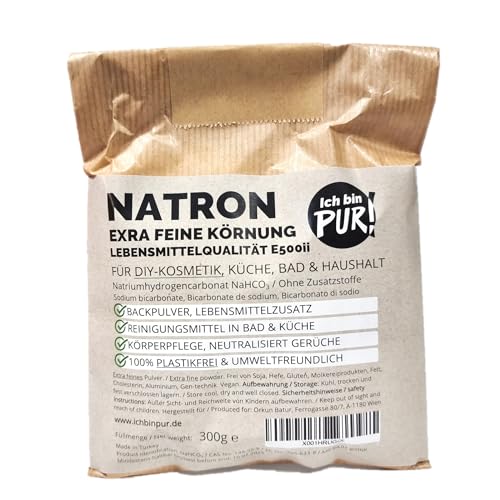 IchbinPUR – Natron, Extra feines Pulver für Küche Bad Haushalt und DIY-Kosmetik Lebensmittelqualität E500ii, Backpulver Natriumhydrogencarbonat Ohne Zusatzstoffe PLASTIKFREI (300 g (1er Pack)) von IchbinPUR