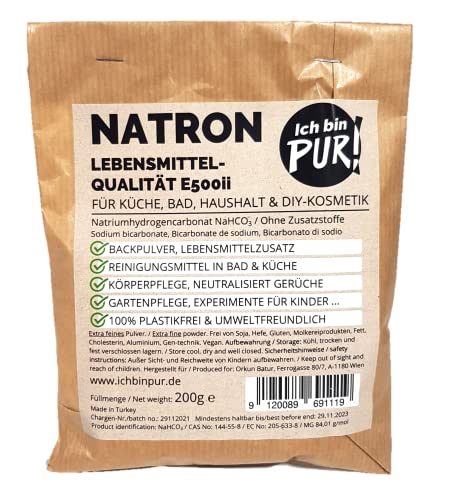 IchbinPUR – Natron, Extra feines Pulver für Küche Bad Haushalt und DIY-Kosmetik Lebensmittelqualität E500ii, Backpulver Natriumhydrogencarbonat Ohne Zusatzstoffe PLASTIKFREI (200 g (1er Pack)) von IchbinPUR