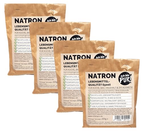 IchbinPUR – Natron, Extra feines Pulver für Küche Bad Haushalt und DIY-Kosmetik Lebensmittelqualität E500ii, Backpulver Natriumhydrogencarbonat Ohne Zusatzstoffe PLASTIKFREI (200 g (4er Pack)) von IchbinPUR