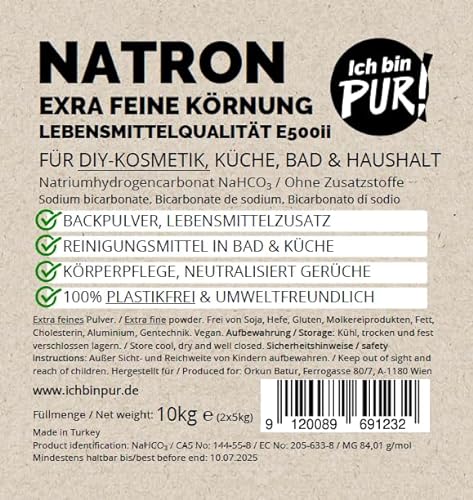 IchbinPUR – Natron 10kg, Extra feines Pulver, für Küche, Bad, Haushalt und DIY-Kosmetik, in Lebensmittelqualität E500ii, Backpulver, Natriumhydrogencarbonat, Ohne Zusatzstoffe,PLASTIKFREI… von IchbinPUR