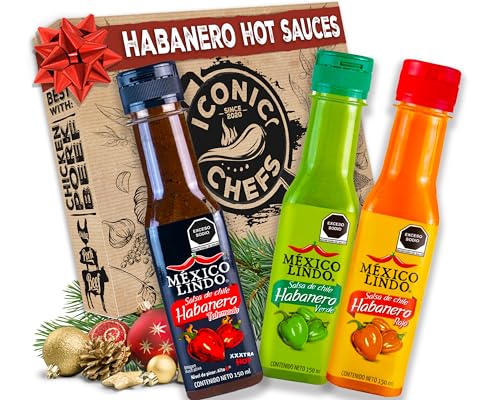 ICONIC CHEFS® 100% Mexiko Habanero Chili Hot Sauce Geschenkset – 3x Scharfe Soße je 150ml – MEXICO LINDO Chili Sauce Geschenkset Männer – Grillsaucen Geschenkset – Scharfe Soßen Set von Iconic Chefs