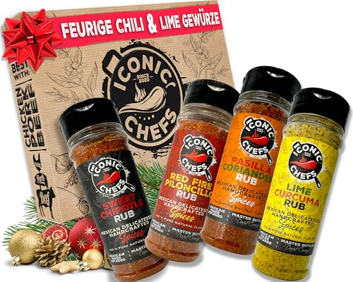 ICONIC CHEFS® Chili & Limette BBQ Rub Gewürze Set – 100% Mexiko 4 Gewürze 70g inkl. Postkarte – BBQ Grill Gewürze Geschenkset Männer – Gewürzset – Grillgewürze Geschenkset – Chilli Geschenkset von Iconic Chefs