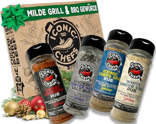 ICONIC CHEFS® Mexikanisches Mildes BBQ Rub Gewürze Set – Chipotle, Rauchsalz, Knoblauch/Ingwer & SPG –BBQ Grill Gewürze Geschenkset – Gewürzset – Grillgewürze Geschenkset – Grill Geschenke für Männer von Iconic Chefs