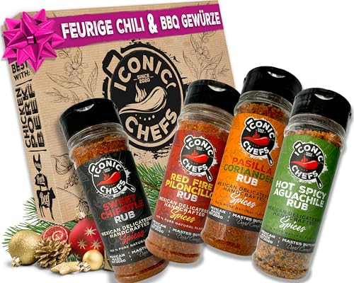 ICONIC CHEFS® SPICY CHILI BBQ RUB Gewürze Set – 4 Gewürze 70g 100% Mexiko inkl. Postkarte – BBQ Grill Gewürze Geschenkset Männer – Grill Zubehör – Grill Geschenke für Männer – Grillgewürze Geschenkset von Iconic Chefs