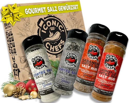 ICONIC CHEFS®Mexikanisches Gourmet Salze Geschenkset – 4x 130g – Salz Geschenk mit Rauchsalz, Steak Salz & Chipotle Chili Gewürzsalz – Geschenkset Salz – Gewürze Set – Salz Variationen von Iconic Chefs