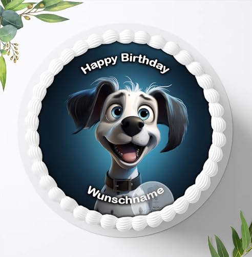 Für den Geburtstag ein Tortenbild, Zuckerbild mit einem Motiv von süßen lustigen Hund mit Wunschname, Essbares Foto für Torten, Tortenbild, Tortenaufleger Ø 20cm - 1608z von Ihr Onlineshop Digital-on 24