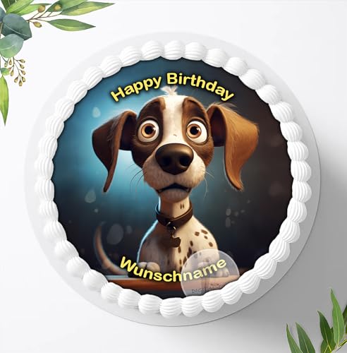 Für den Geburtstag ein Tortenbild, Zuckerbild mit einem Motiv von süßen lustigen Hund mit Wunschnamen, Essbares Foto für Torten, Tortenbild, Tortenaufleger Ø 20cm - 1607z von Ihr Onlineshop Digital-on 24