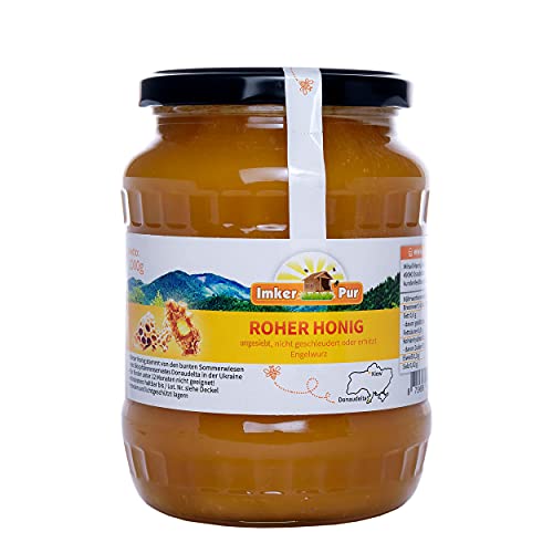 Roher Honig von ImkerPur, nicht geschleudert oder erhitzt, enthält Blütenpollen, Bienenwachs und andere natürliche Bestandteile (1000 g Roher Engelwurzhonig) von ImkerPur