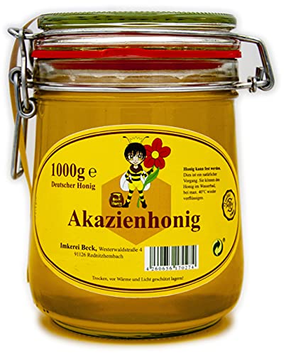 ImkereiBeck® - Echter Imkerhonig/Bienenhonig im 1kg / 1000g Honigtopf - Honig vom Imker aus Deutschland/Bayern im wiederverwendbarem hochwertigem Bügelglas (Akazienhonig) von Imkerei Beck