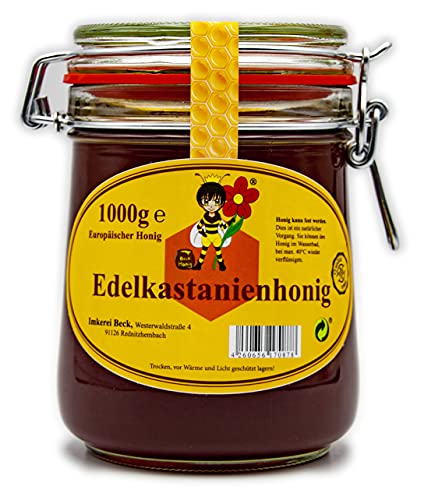 ImkereiBeck® - Echter Imkerhonig/Bienenhonig im 1kg /1000g Honigtopf - Honig vom Imker aus Deutschland/Bayern im wiederverwendbarem hochwertigem Bügelglas (Edel-Kastanienhonig/Maronenhonig) von Imkerei Beck
