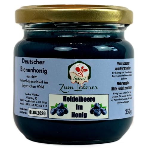 Deutscher Blaubeerhonig - Honig süßer Aufstrich aus der Familien Imkerei “Zum Lederer” - 250 g Honig mit fruchtigem Blaubeergeschmack aus dem bayerischen Wald - Honig direkt vom Imker von Imkerei "Zum Lederer"