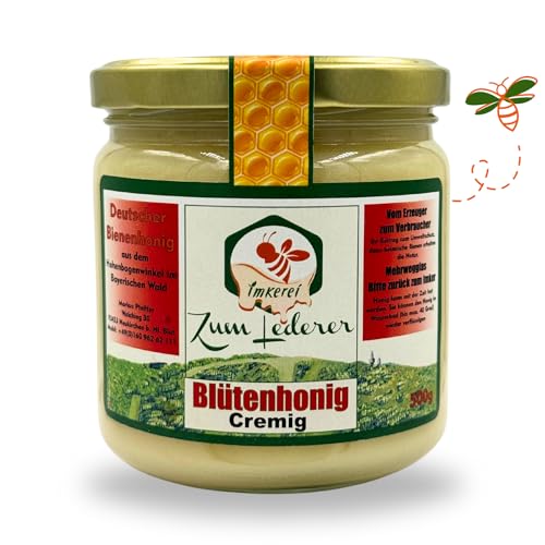 Imkerei zum Lederer - Deutscher Blütenhonig – 500g cremiger Honig aus dem Bayerischen Wald - Naturbelassener süßer Aufstrich direkt vom Imker - Premium handgemachter Blütenhonig ohne Zusätze von Imkerei "Zum Lederer"