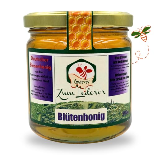 Imkerei zum Lederer - Deutscher Blütenhonig – flüssiger Honig aus dem Bayerischen Wald - Naturbelassener süßer Aufstrich direkt vom Imker - Premium handgemachter Blütenhonig ohne Zusätze (500g) von Imkerei "Zum Lederer"