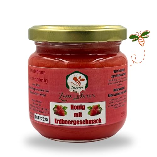 Imkerei zum Lederer Deutscher Erdbeerhonig – 250g cremiger Honig mit fruchtigem Erdbeergeschmack aus dem Bayerischen Wald | Naturbelassener süßer Aufstrich direkt vom Imker von Imkerei "Zum Lederer"