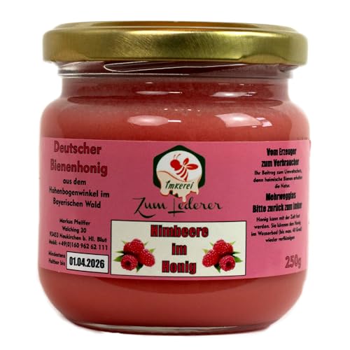Imkerei zum Lederer - Deutscher Himbeerhonig – 250g cremiger Honig mit fruchtigem Himbeergeschmack aus dem Bayerischen Wald - Naturbelassener süßer Aufstrich direkt vom Imker von Imkerei "Zum Lederer"