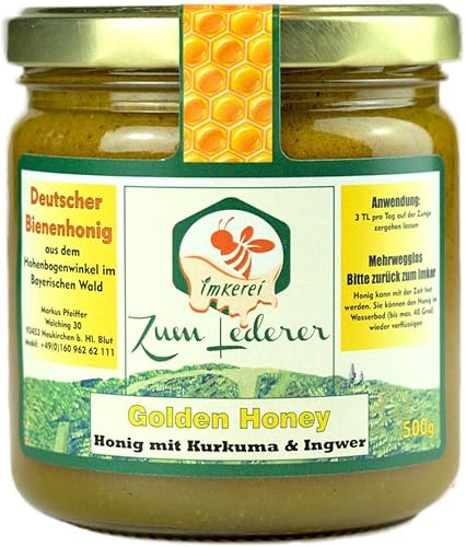 Deutscher Honig mit Kurkuma, Ingwer und schwarzem Pfeffer - Honig aus der Familien Imkerei “Zum Lederer” - 500 g flüssiger Akazienhonig aus dem bayerischen Wald - Honig direkt vom Imker von Imkerei "Zum Lederer"