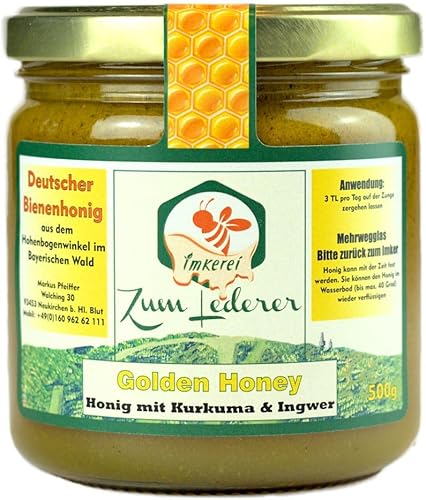 Imkerei zum Lederer Deutscher Premium Honig mit Kurkuma, Ingwer & schwarzem Pfeffer – 500g flüssiger Genuss aus dem Bayerischen Wald - Handgemachter Immunbooster direkt vom Imker von Imkerei "Zum Lederer"
