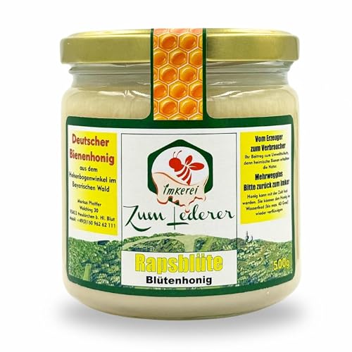 Deutscher Rapshonig - Honig süßer Aufstrich aus der Familien Imkerei “Zum Lederer” - 500 g Honig aus dem Nektar von bayerischen Rapsblüten - Honig ohne Zusätze direkt vom Imker von Imkerei "Zum Lederer"